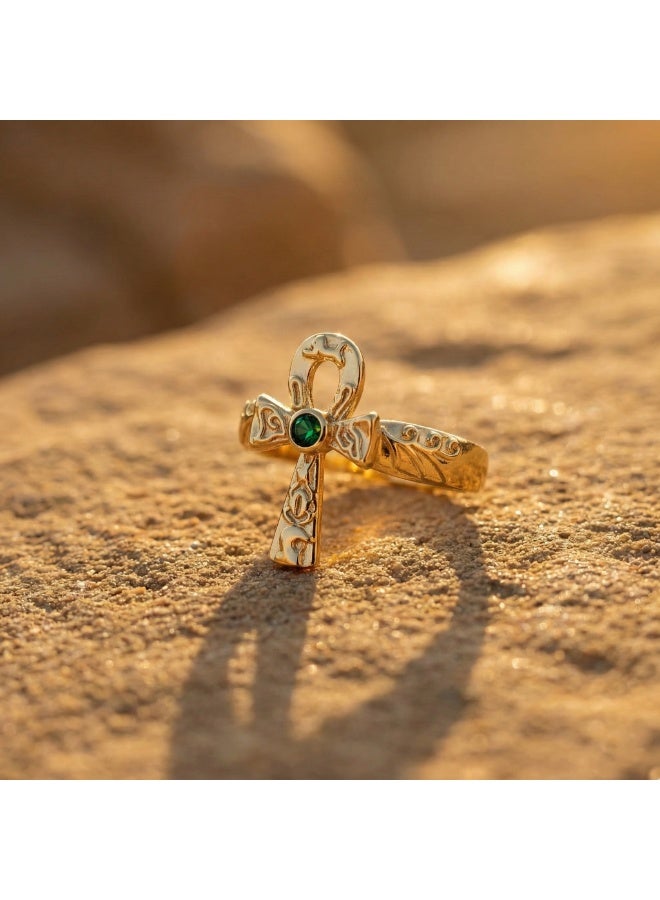 316 Stainless Steel Ankh Ring – Free Size – Gold Ancient Egyptian Life Symbol with Green Crystal – Anti‑Rust & Anti‑Fade - Image 3